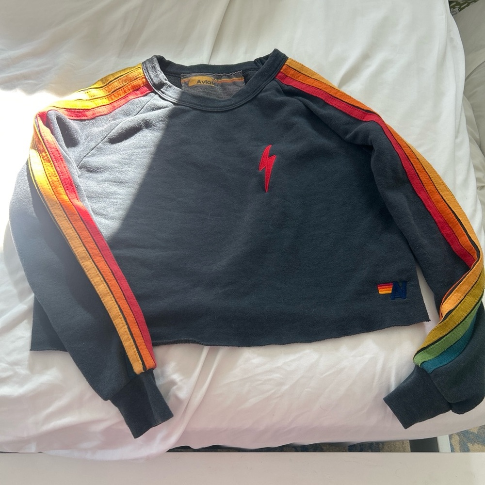 Aviator Nation red Lightning Bolt Cropped Crewneck - Navy with Rainbow Stripes